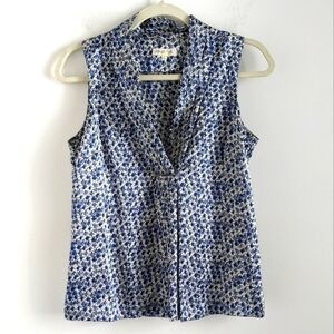 M&O Blue White 100% Silk Sleeveless Blouse 2 Preppy Country Club Brunch